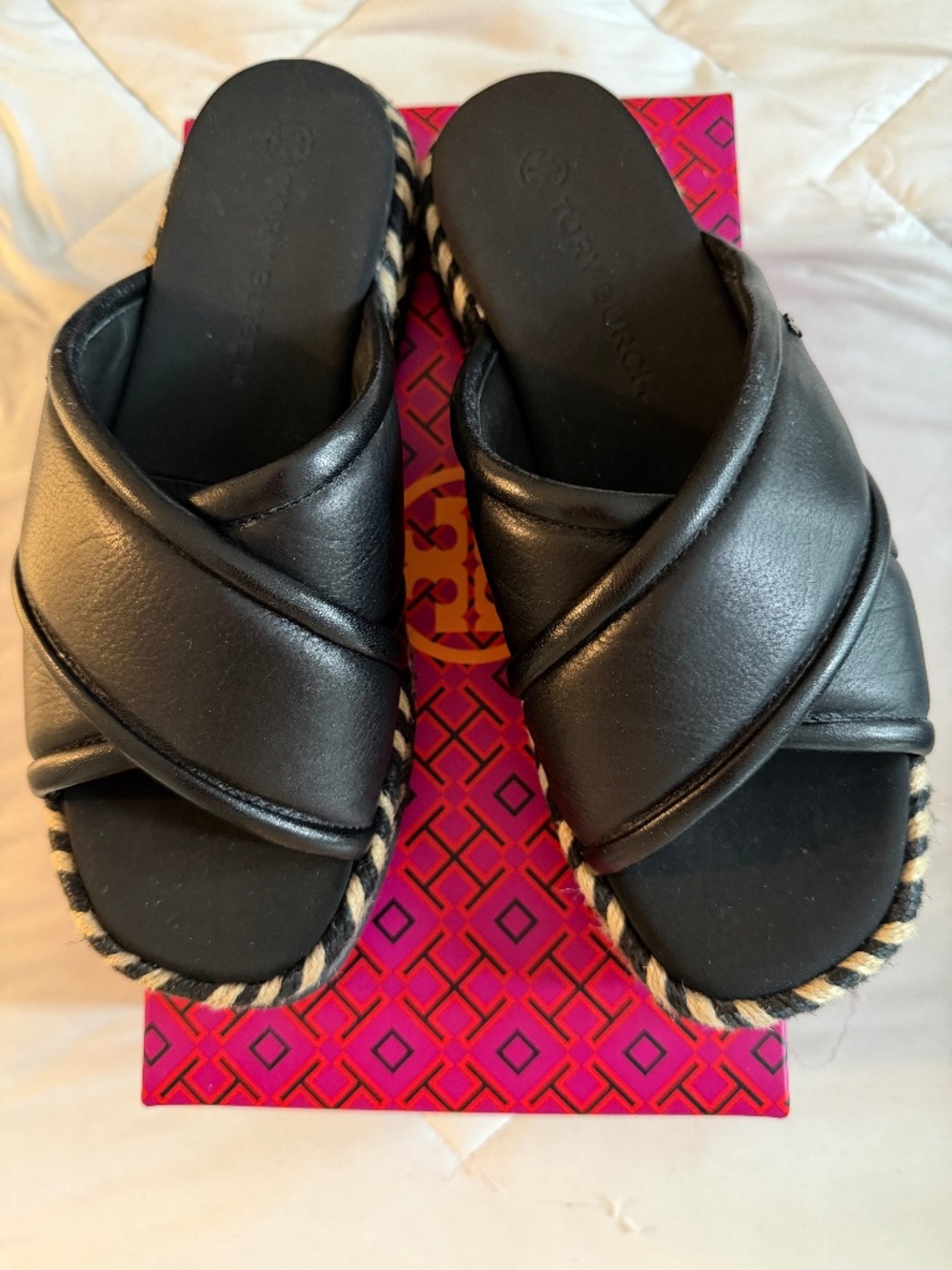 Tory Burch Criss Cross Leather Espadrille Slides Black 7.5